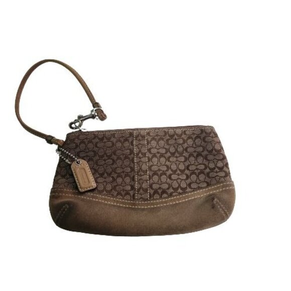 Coach Signature Logo Canvas Suede Wristlet With Keychain - Picture 1 of 6